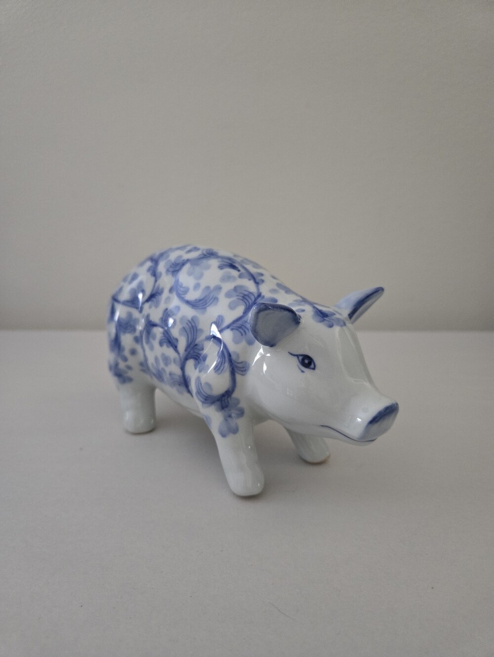 VTG Andrea By Sadek White Ceramic Blue Floral Swirl Piggy Bank